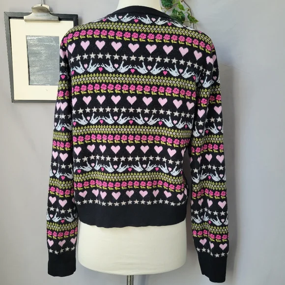 Anthropologie Maeve Hearts Dove Floral Cropped Novelty Cardigan Sweater L - Picture 3 of 14